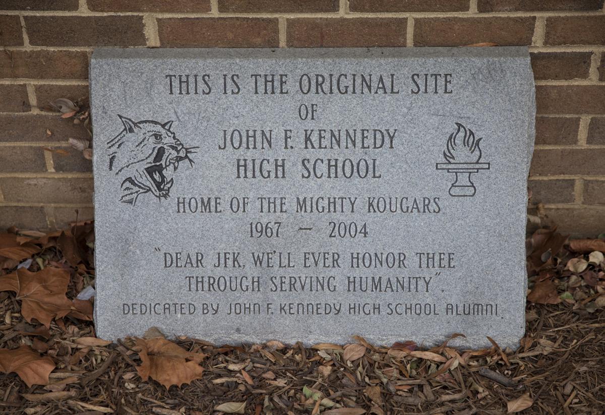 stone commemorating schools original name which was John F Kennedy High School