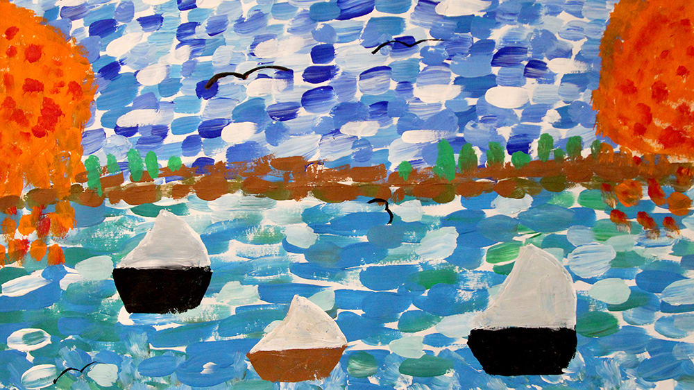 A vibrant, abstract landscape with colorful shapes and patterns, featuring boats or ships floating on a body of water against a backdrop of a cloudy sky and lush, fiery vegetation.