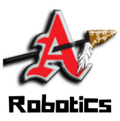 Red letter 'A' intersected by an arrow with a geometric-patterned tip. Below, bold black text reads 'Robotics.' The design suggests a blend of tradition and technology."