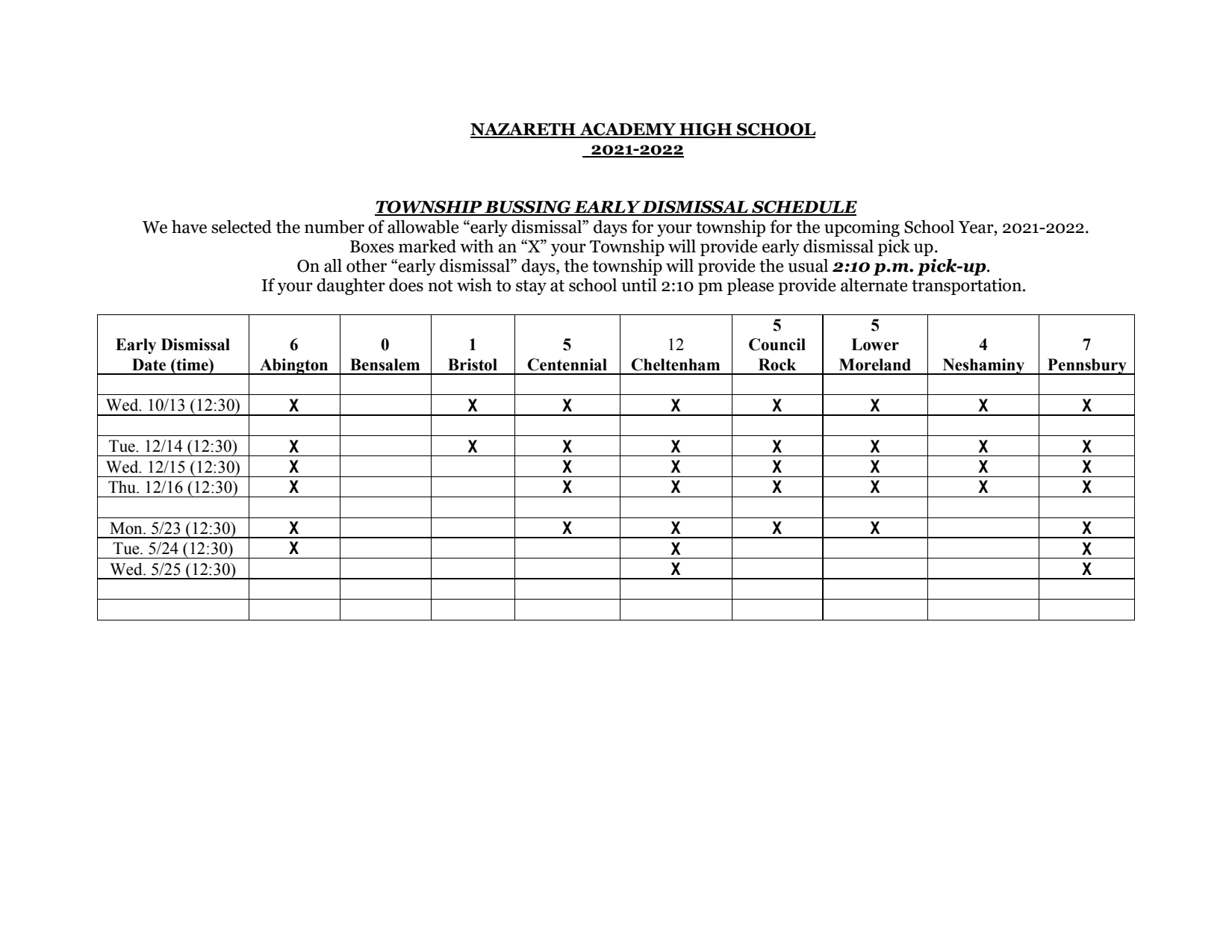 Bus Schedule - Nazareth Academy High School