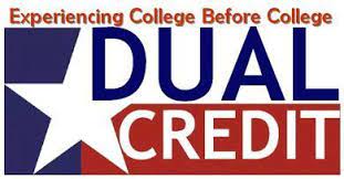 The image displays the text "Experiencing College Before College" along with the words "DUAL CREDIT" in large, bold letters against a background of red, white, and blue colors.
