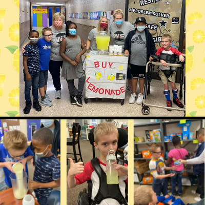 A collage of photos of students with lemonade