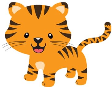 A cute, cartoon-style tiger with an orange and black striped body, large eyes, and a happy expression stands in the foreground.