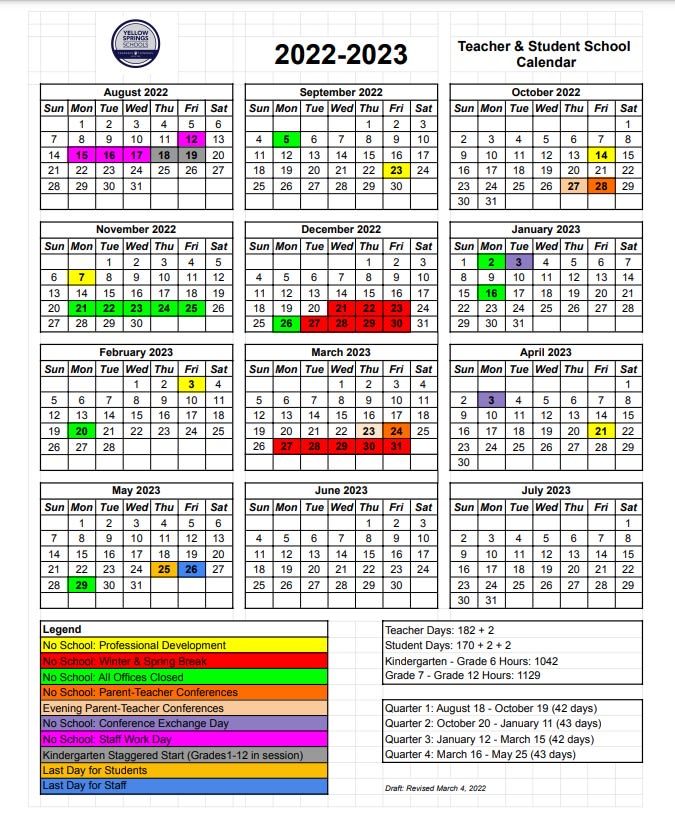 Yellow Springs School District Calendar 2022 and 2023 - PublicHolidays.com