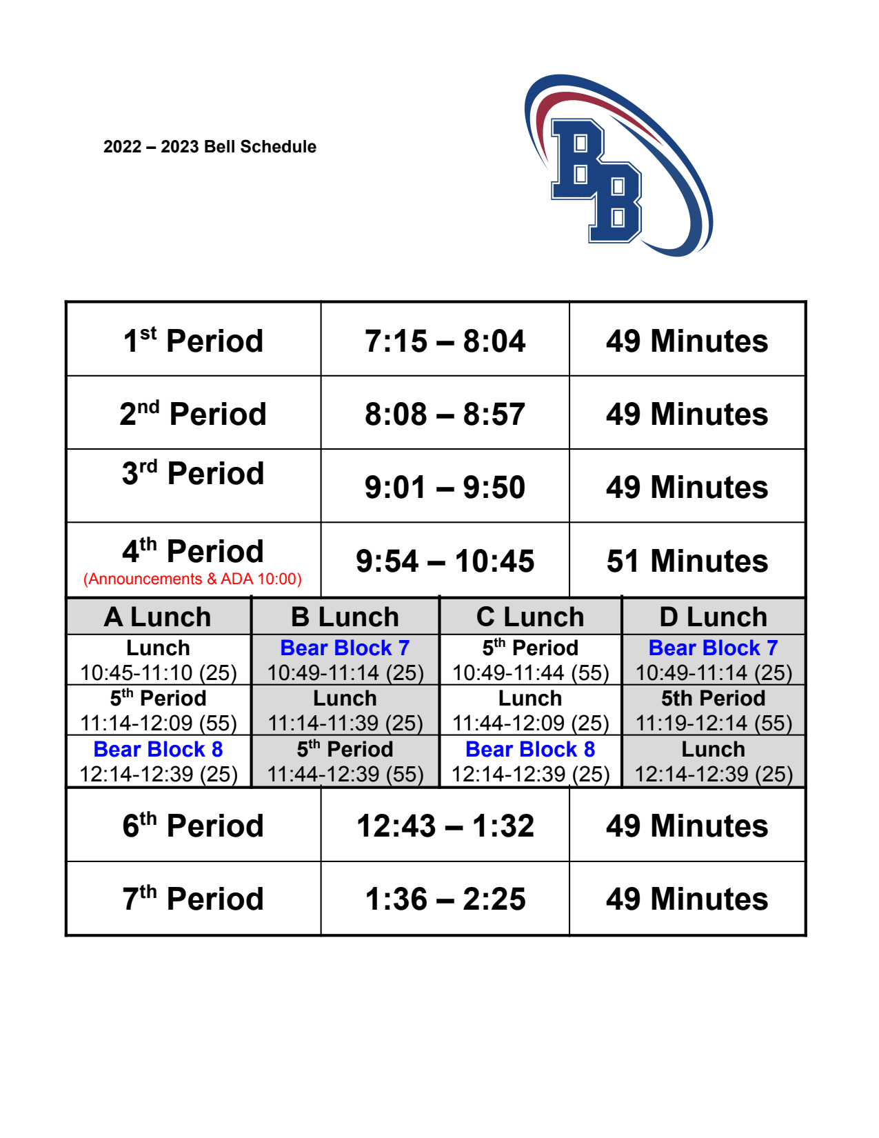 Bell Schedule - Bear Branch Junior High