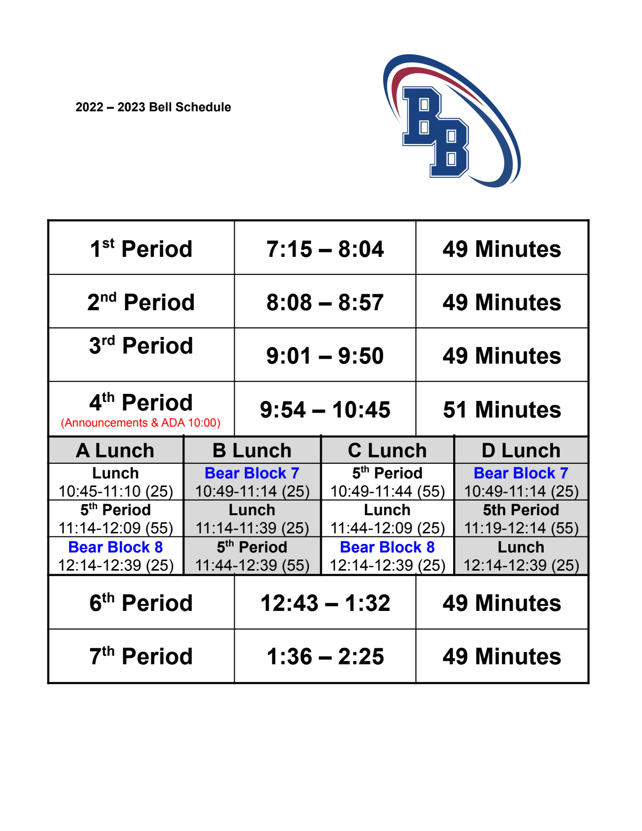 Bell Schedule Bear Branch Junior High