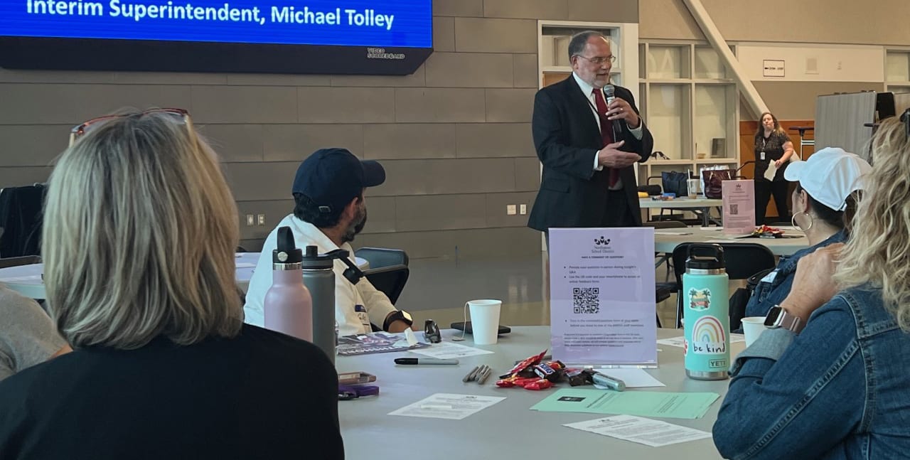 Interim Superintendent Michael Tolley speaks at a Listen and Lear session this fall