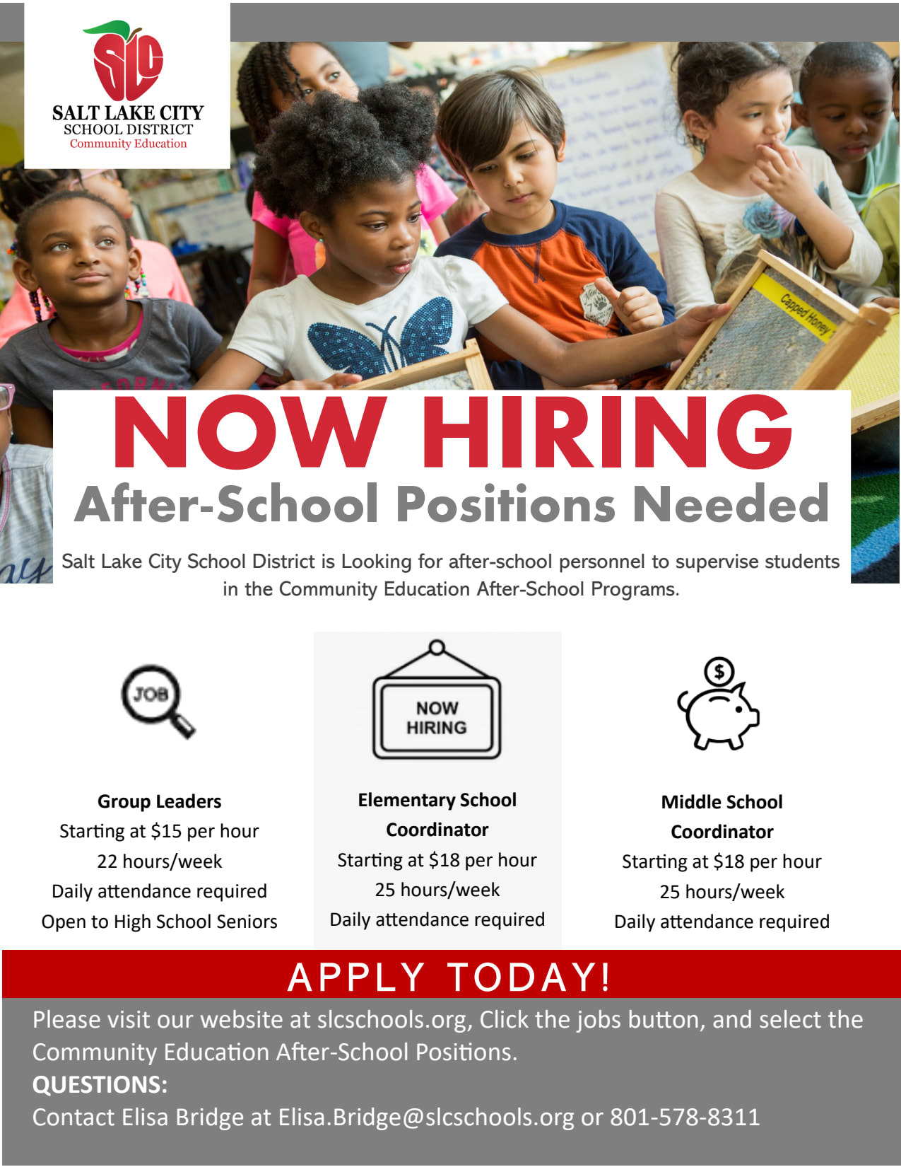 Flyer promoting the upcoming job fair at the school, featuring date, time, and participating employers.