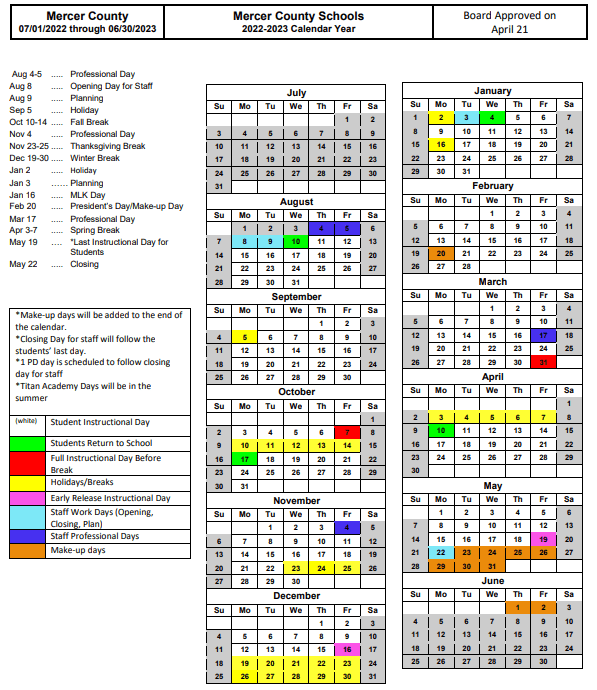 Mercer County Schools calendar 2024 2025