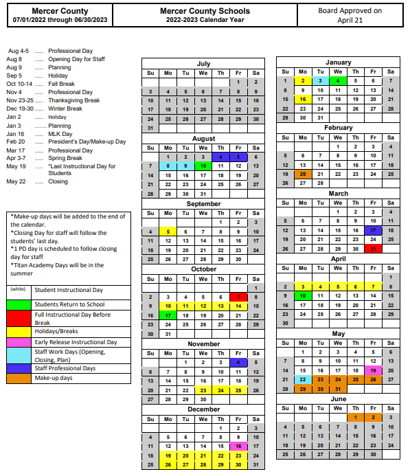 Mercer County Schools calendar 20252025