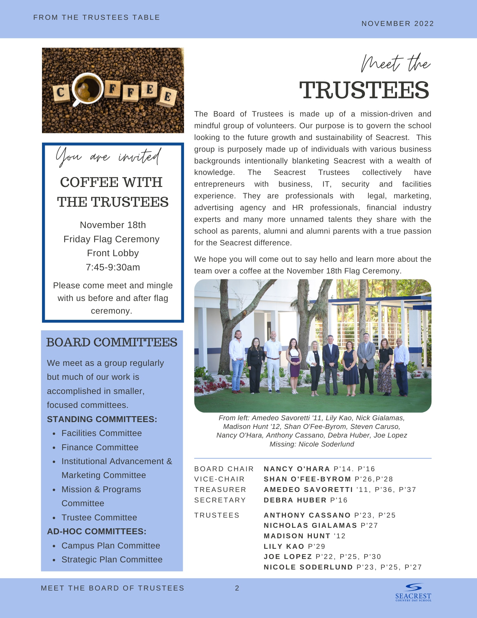 Coffee With the Trustees | November 18 Following Flag Ceremony