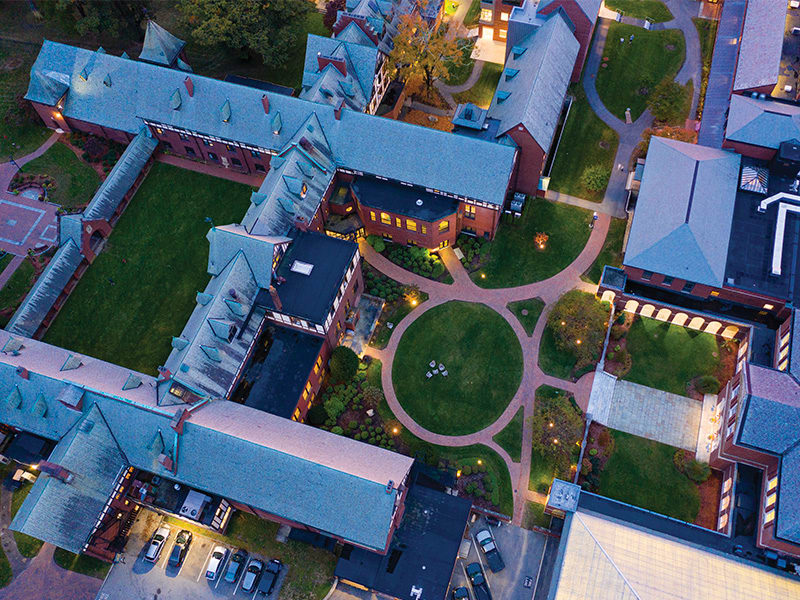 An aerial photo of the quads at St. Mark's School at dusk. 