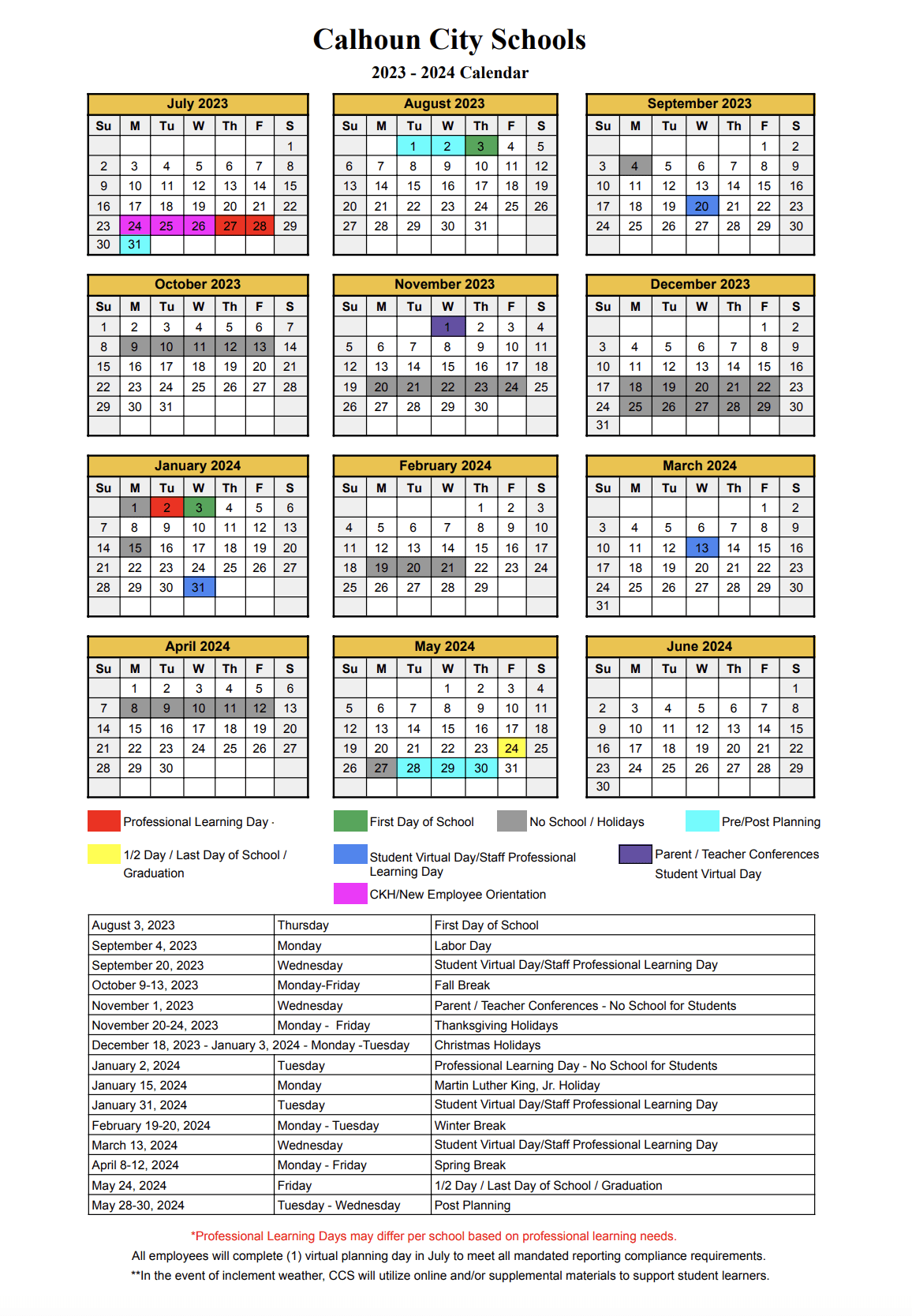 Calhoun City Schools Calendar 2024 and 2025