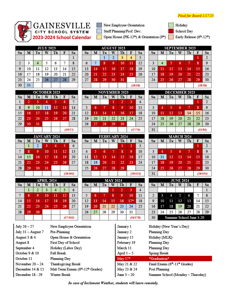 Gainesville City Schools Calendar 2023 and 2024 - PublicHolidays.com