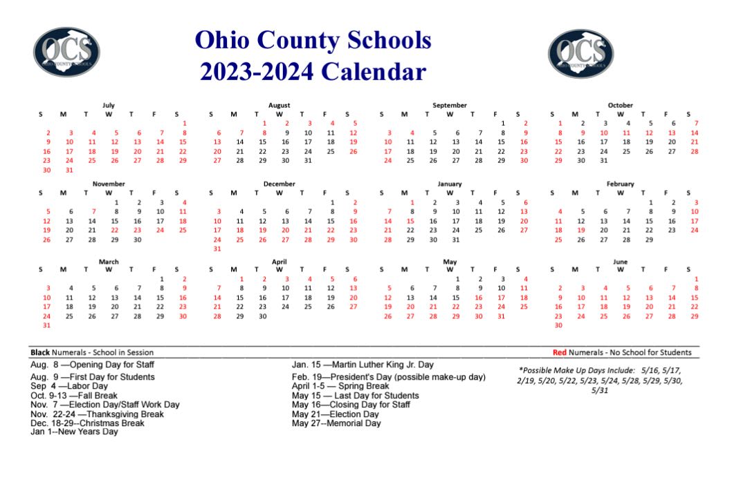 Ohio County Schools Calendar 2024 and 2025
