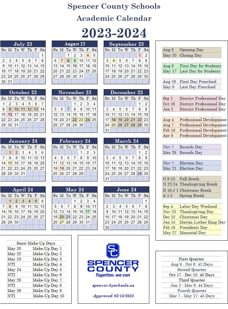 Spencer County Schools Calendar 2024 and 2025