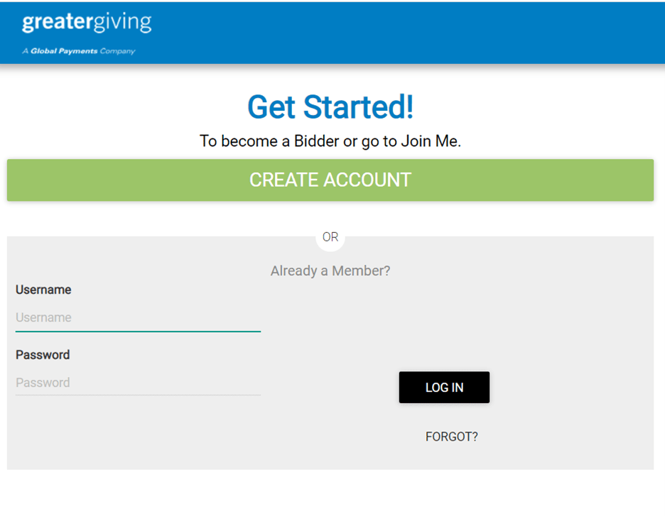 Login or create account screen