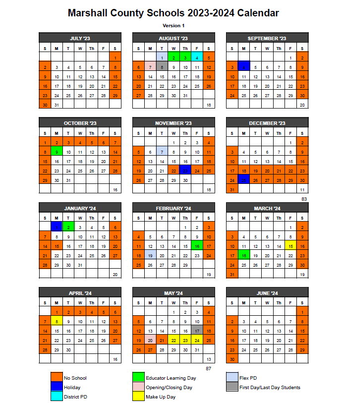 Marshall County Schools Calendar 2023 and 2024