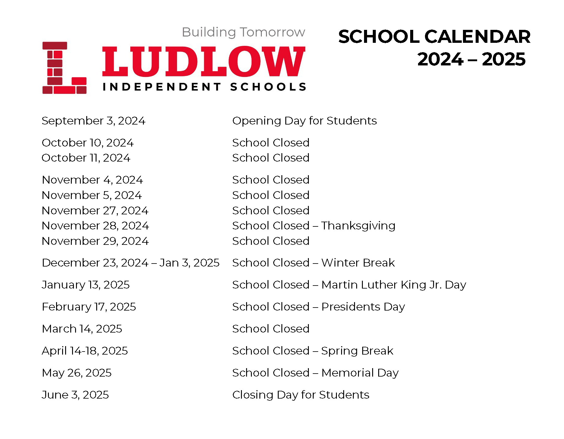 Ludlow Independent Schools Calendar 2024 and 2025