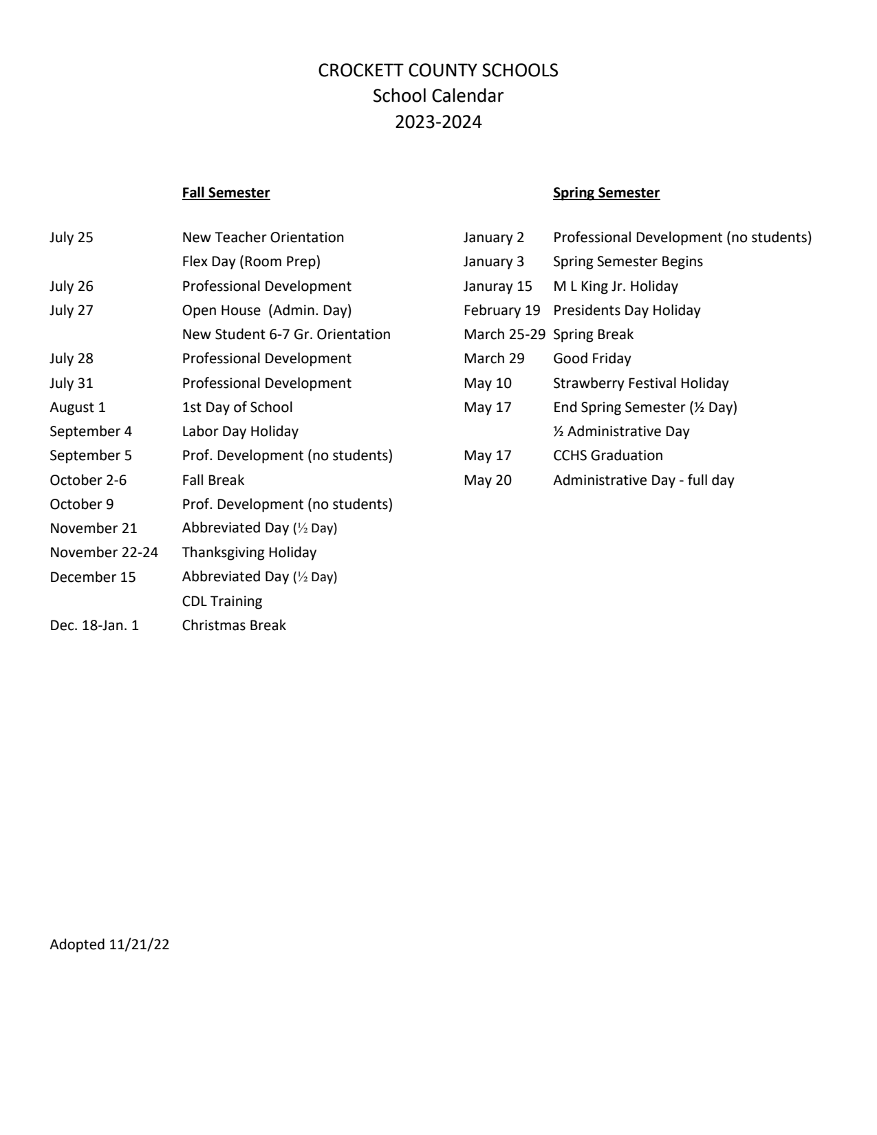 20232024 School Calendar Crockett County High School