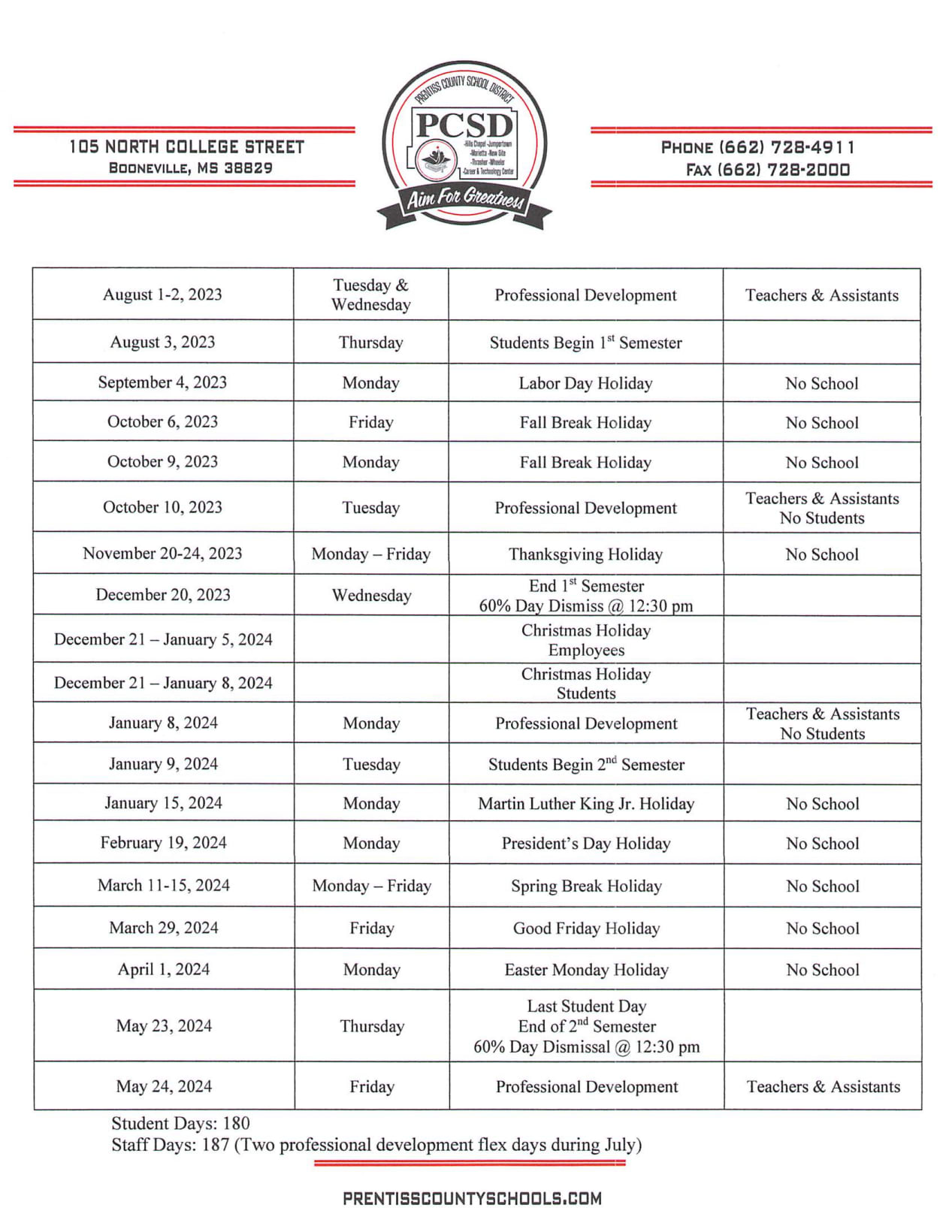 Calendar Prentiss County School District