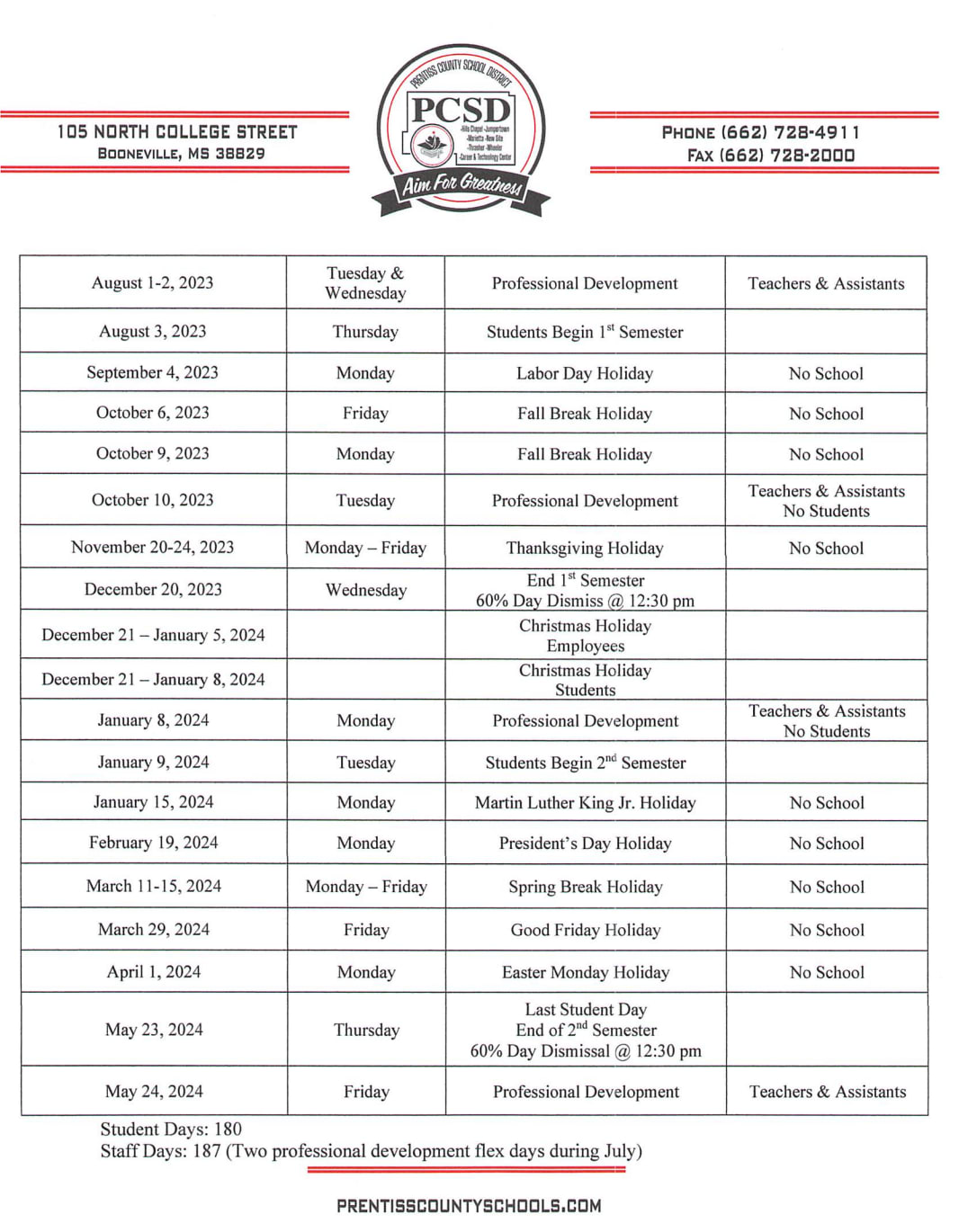 Prentiss County School District Calendar 2024