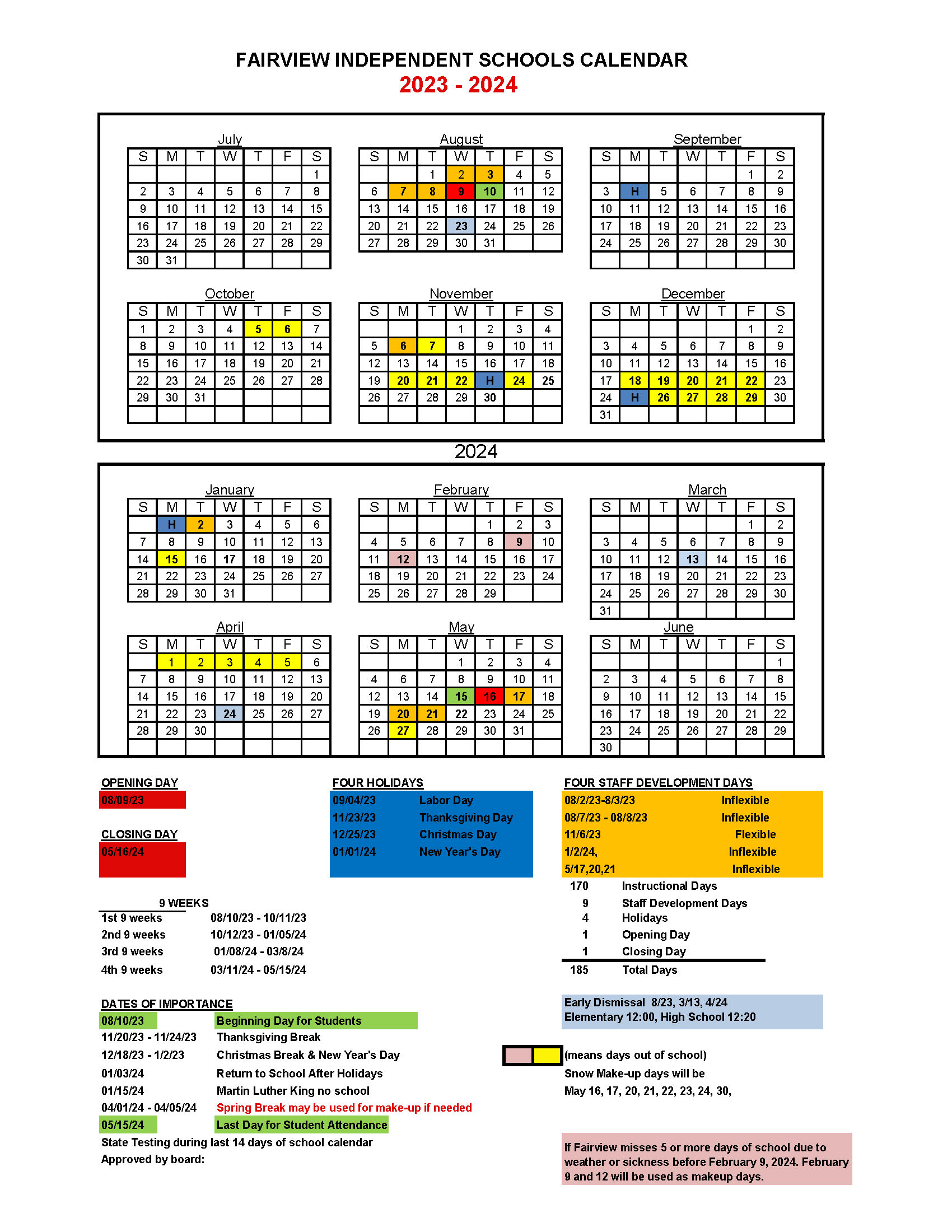 Fairview Independent Schools Calendar 2024