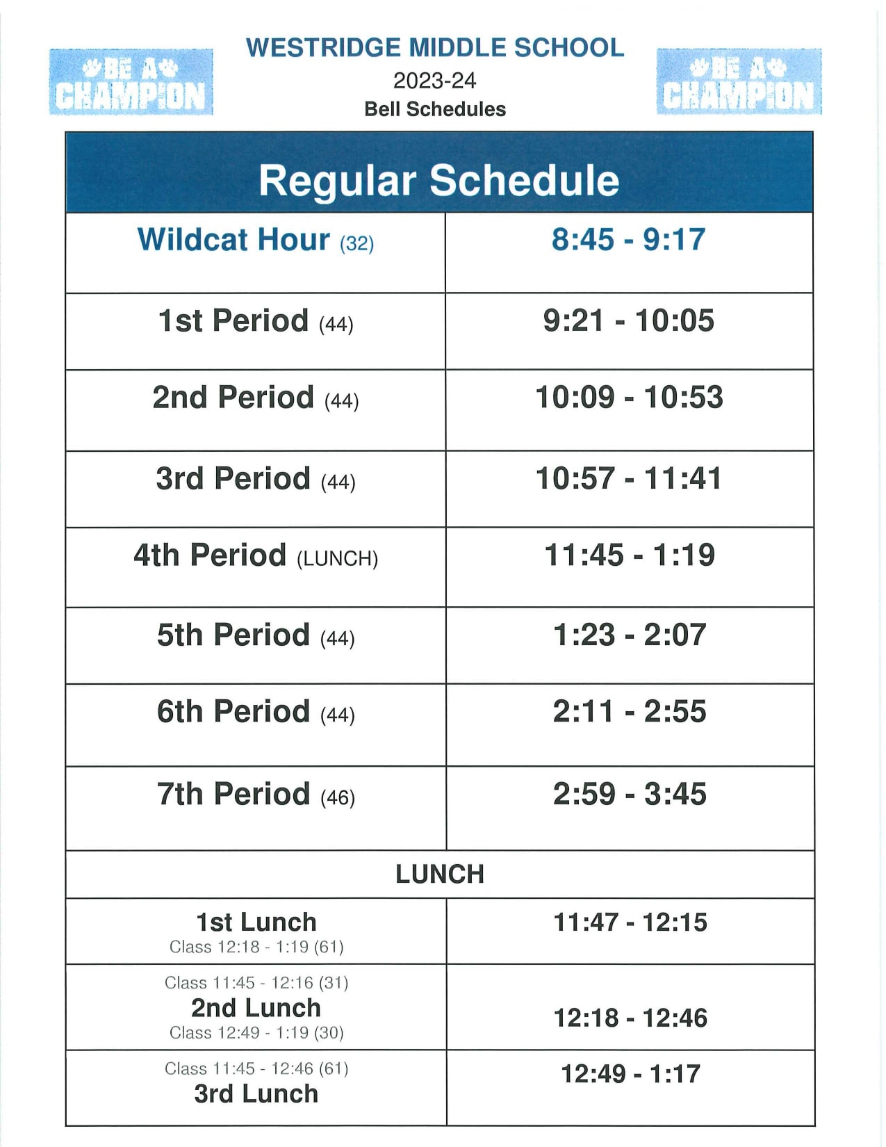 Bell Schedule Westridge Middle School