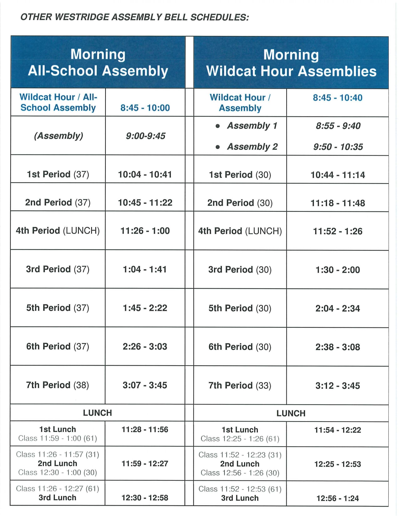 Morning Assembly Bell Schedules Westridge Middle School