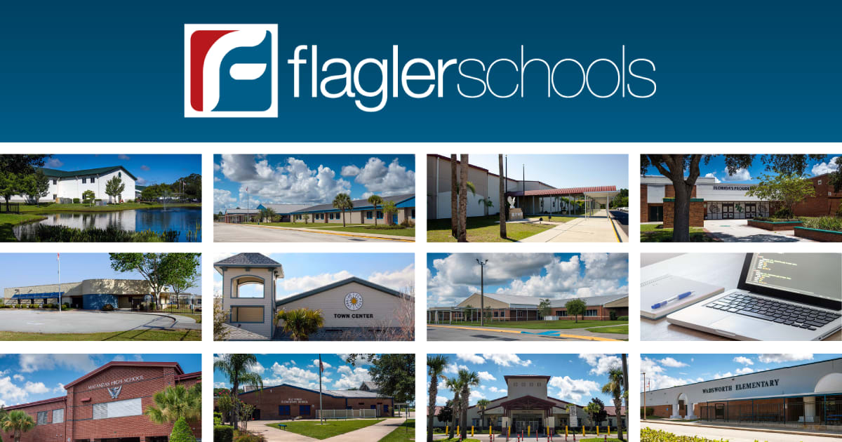 Flagler Schools logo and photos of 12 campuses