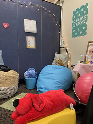 Image of calming corner with bean back, comfort bear and stuffed red dog