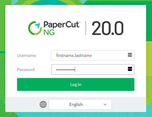 A PaperCut NG 20.0 login screen with username and password fields in the foreground is set against a vibrant green and blue abstract background.