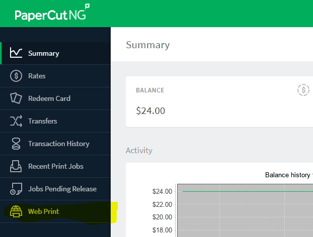 A dark blue sidebar with menu options is on the left, while the main content area on the right displays a balance of $24.00 and a graph of balance history.