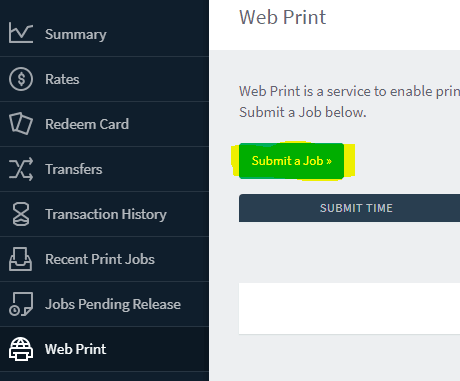 A dark sidebar with menu options like %22Summary%22 and %22Web Print%22 is on the left, while the right side displays %22Web Print%22 with a green %22Submit a Job%22 button and a %22Submit Time%22 button.