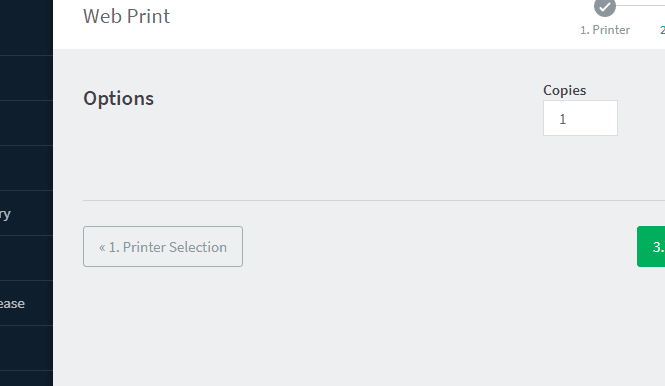 A web print interface displays options for printer selection and number of copies in the foreground, with a dark sidebar on the left and a progress indicator at the top in the background.