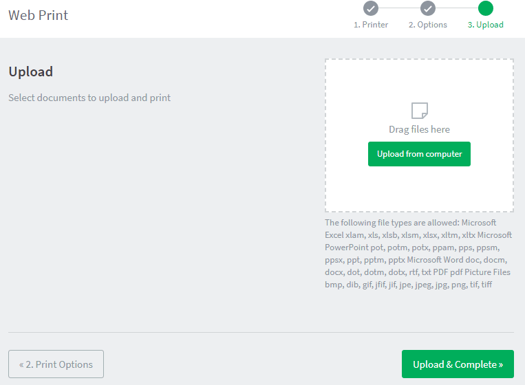 A web print upload interface with a drag-and-drop area in the foreground and a step-by-step progress bar in the background.