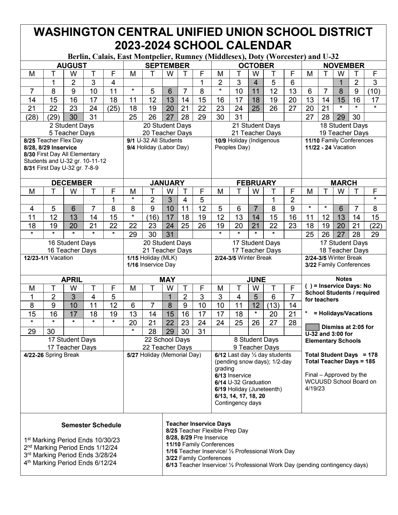 School Year Calendar U 32 MSHS