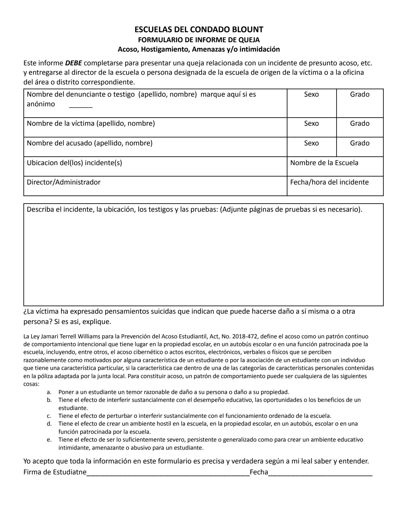 Bullying Complaint Form - Blount County School District