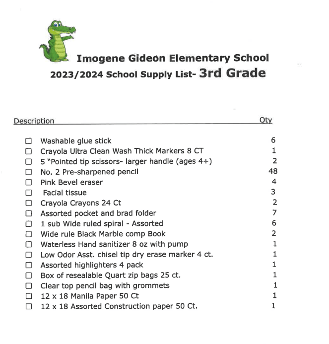 School Supply Lists / 2023-2024 Martinez Classroom Supply Lists