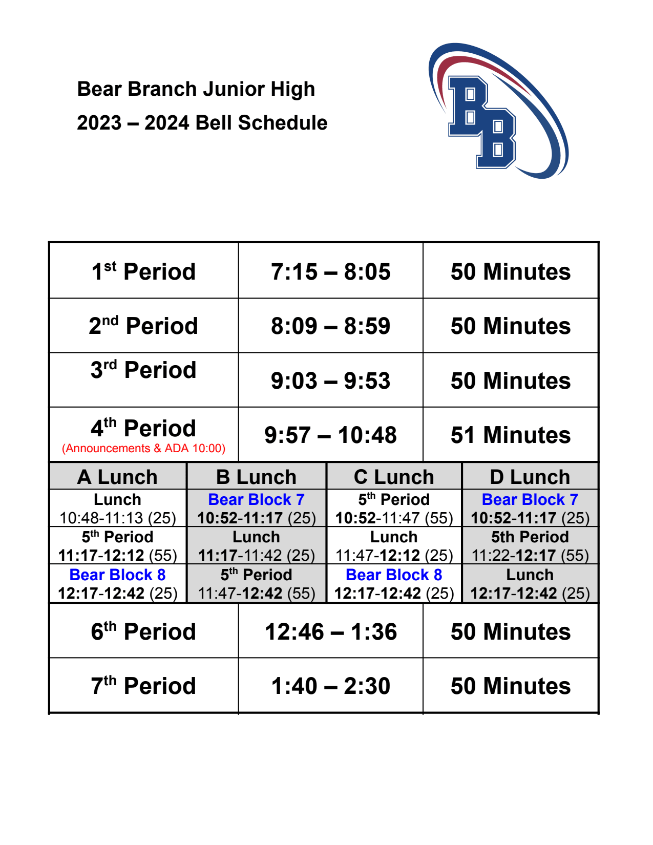 Bell Schedule Bear Branch Junior High