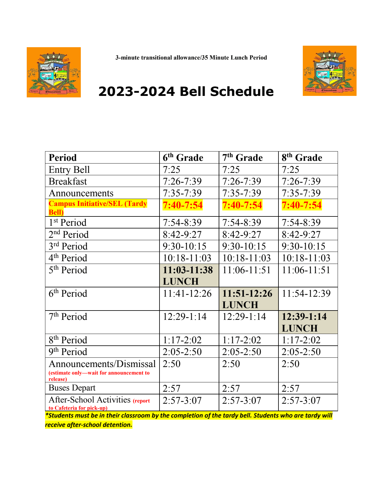 Bell Schedule Lucio Middle School