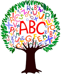 Artwork of a tree filled with the English alphabet.