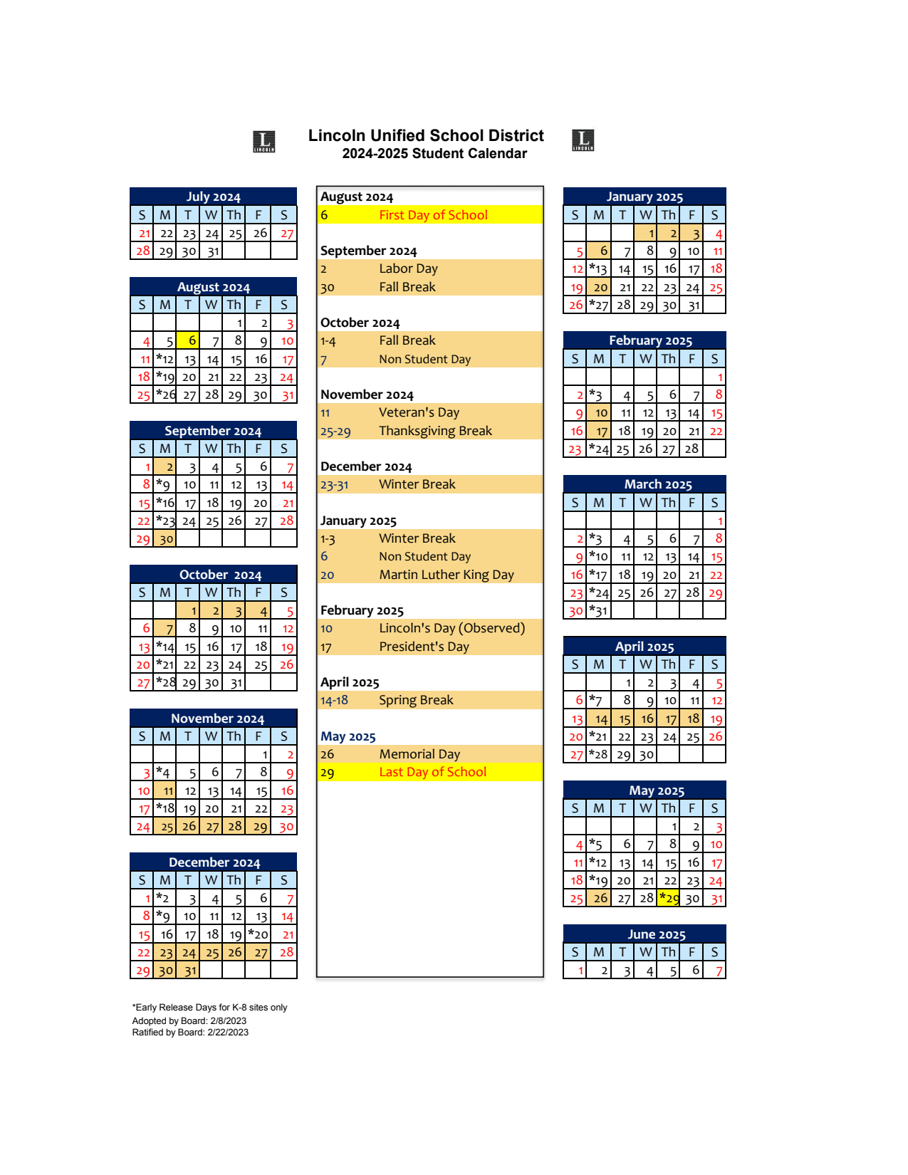 School Calendar Lincoln Unified School District