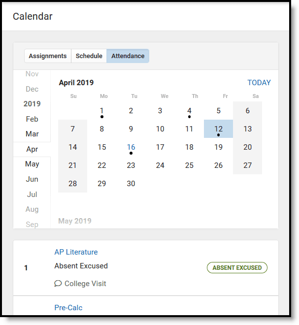 Infinite Campus Parent Calendar showing assignments, schedule, and attendance