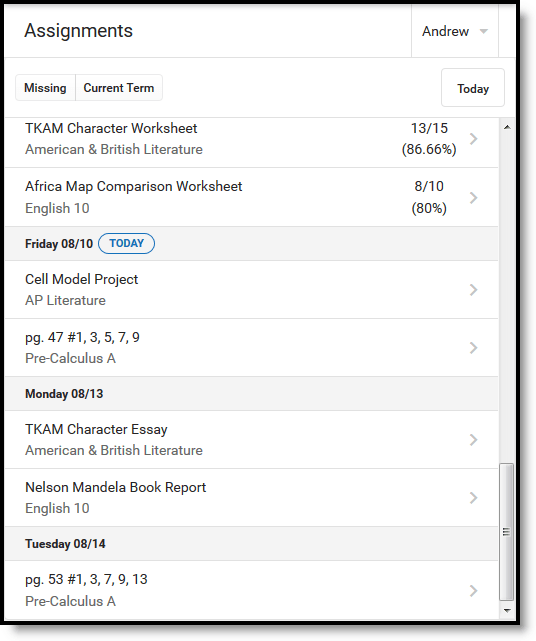 Infinite Campus Assignments tool showing a list of student assignments