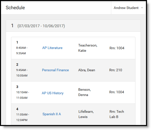 Infinite Campus Schedule tool showing student courses, teachers, and room numbers