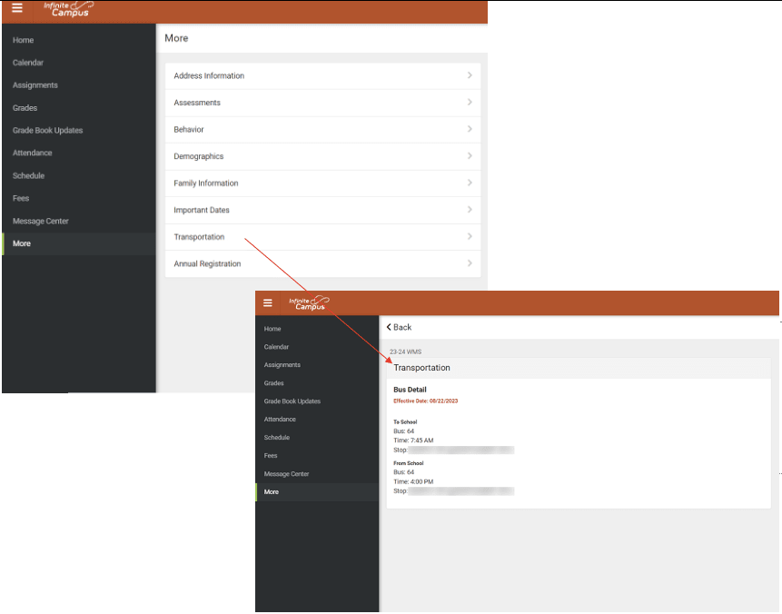 Infinite Campus Transportation screen showing bus route, pickup time, and location