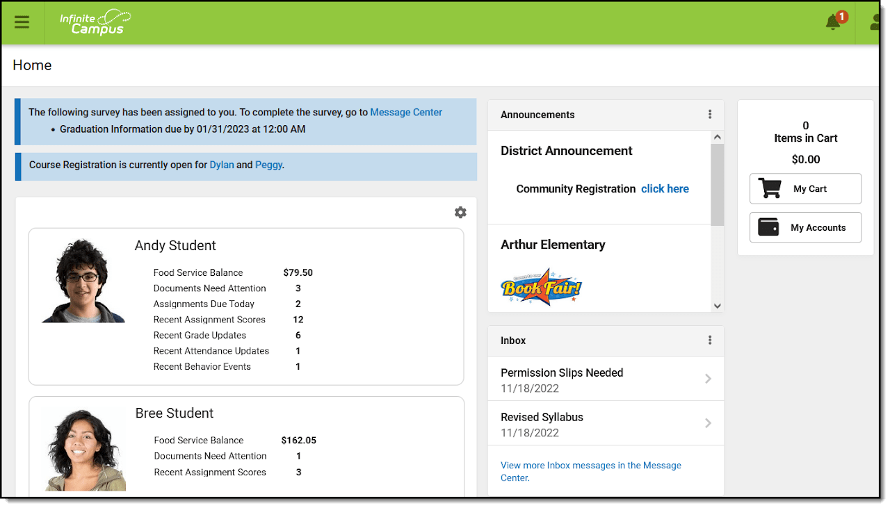 Infinite Campus home screen showing student summaries for Columbia Public Schools