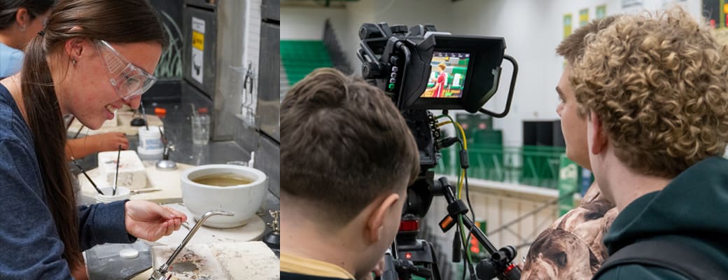 The image shows a group of people working on a film or video production, with a camera operator, a person holding a microphone, and another person in the background.
