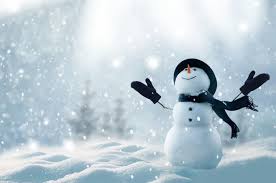 Picture of a snow man in a black hat and gloves, arms outstretched, watching snow fall